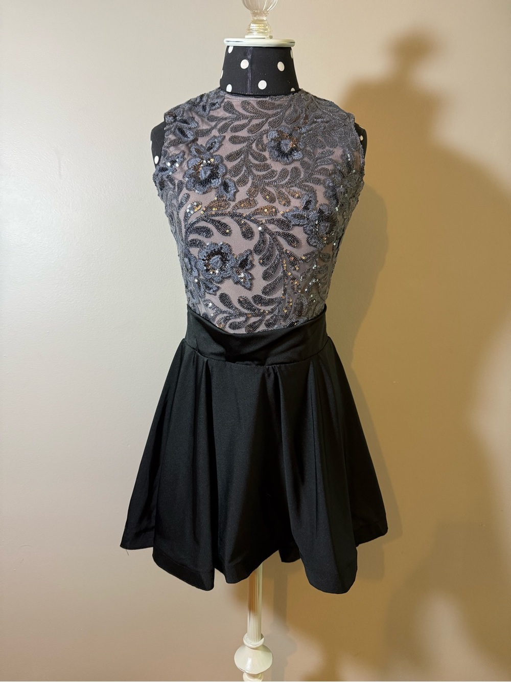 Figure Skating or Dance Embellished Gray Lace Bodice Black Skirt Dress